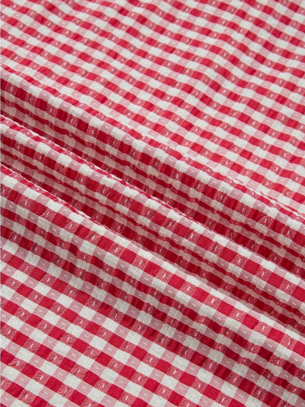 Boutique Red and White Gingham Short Sleeve Colorblock Trim Puff Sleeve Blouse - Picture 5 of 6